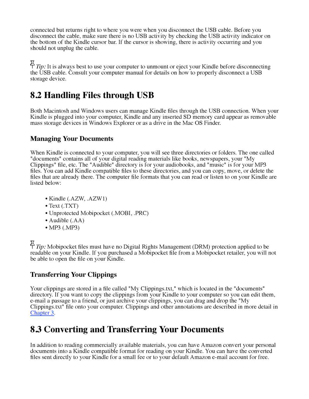 Amazon D00111 manual Handling Files through USB, Converting and Transferring Your Documents, Managing Your Documents 