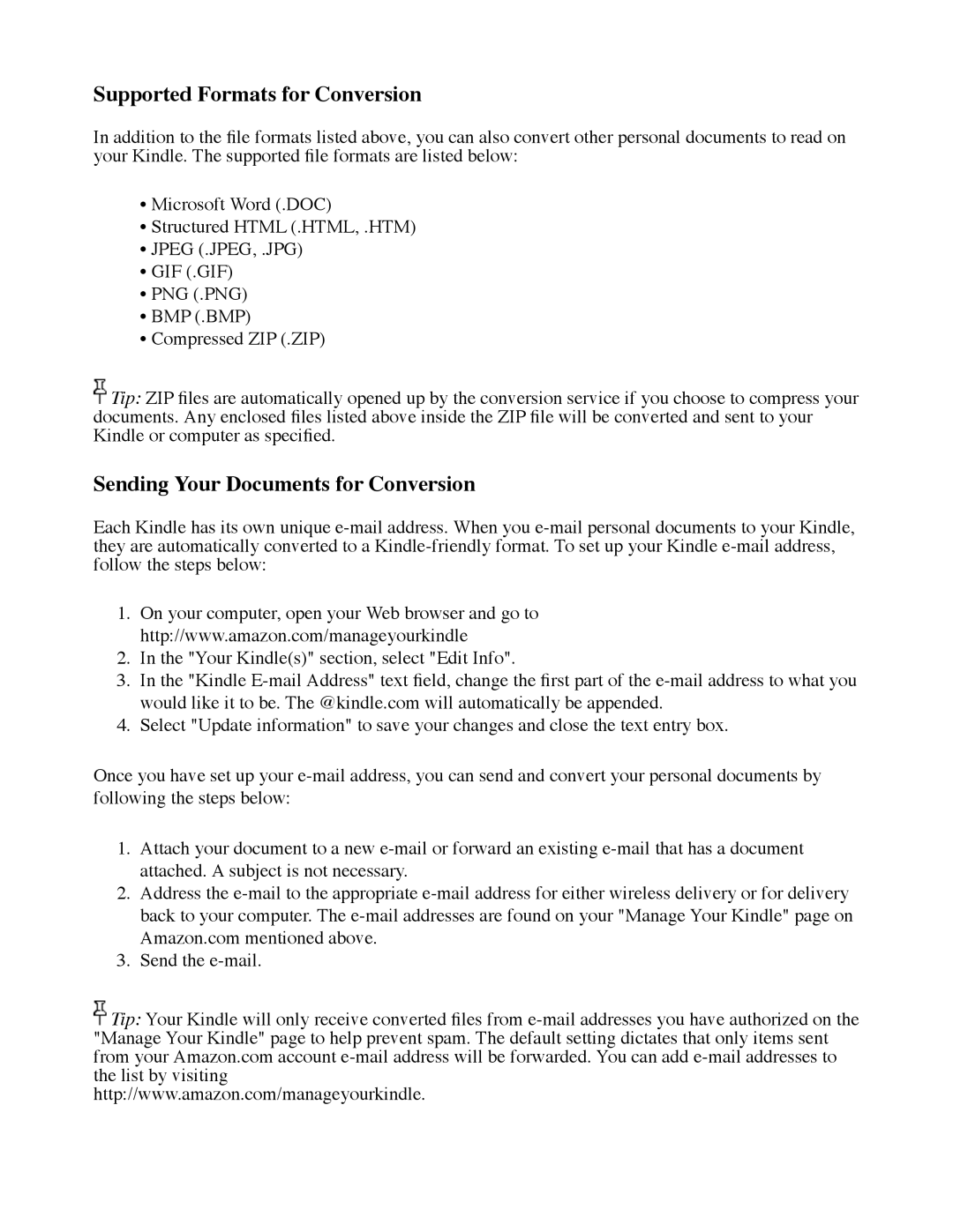 Amazon D00111 manual Supported Formats for Conversion, Sending Your Documents for Conversion 