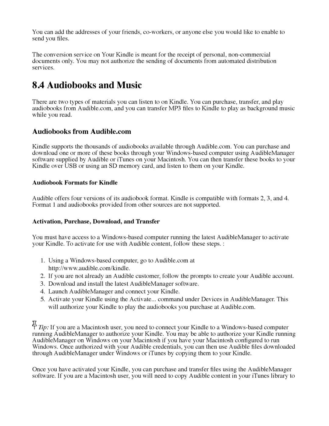 Amazon D00111 manual Audiobooks and Music, Audiobooks from Audible.com, Audiobook Formats for Kindle 