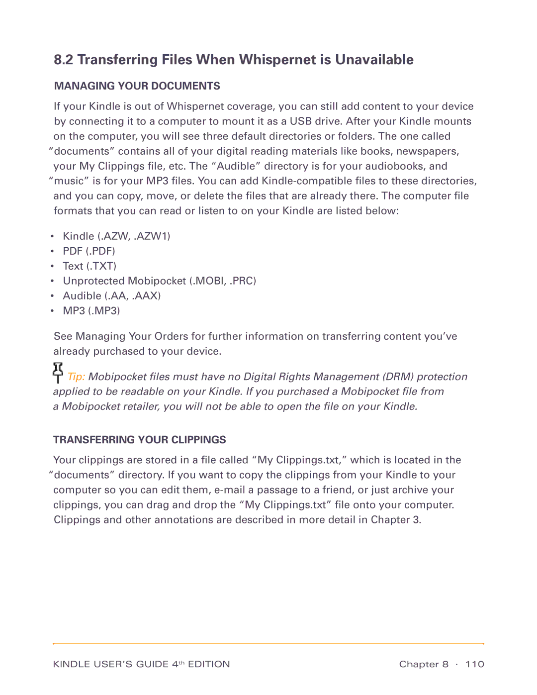 Amazon D00511 Transferring Files When Whispernet is Unavailable, Managing Your Documents, Transferring Your Clippings 