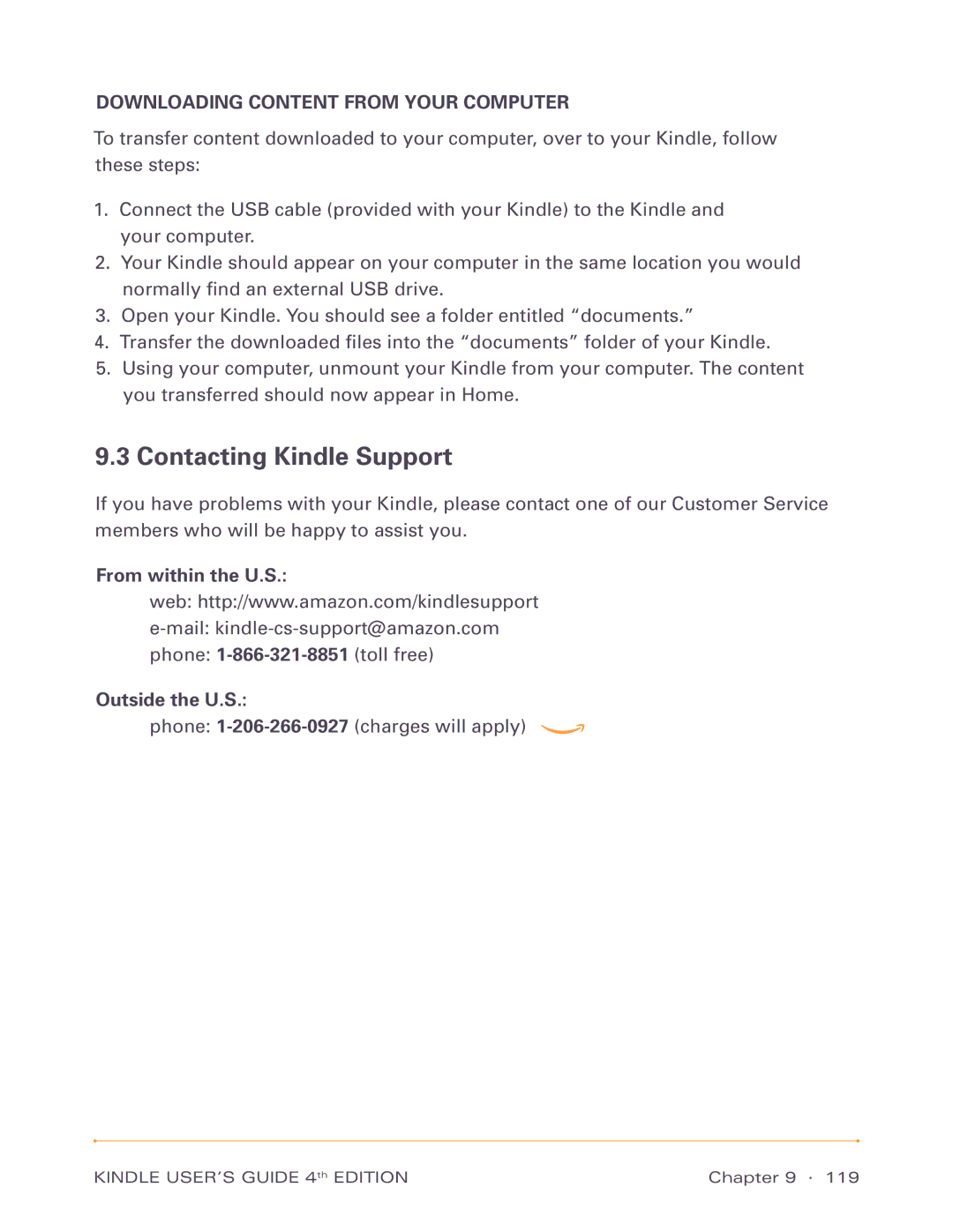 Amazon D00701, D00511 manual Contacting Kindle Support, Downloading Content from Your Computer 