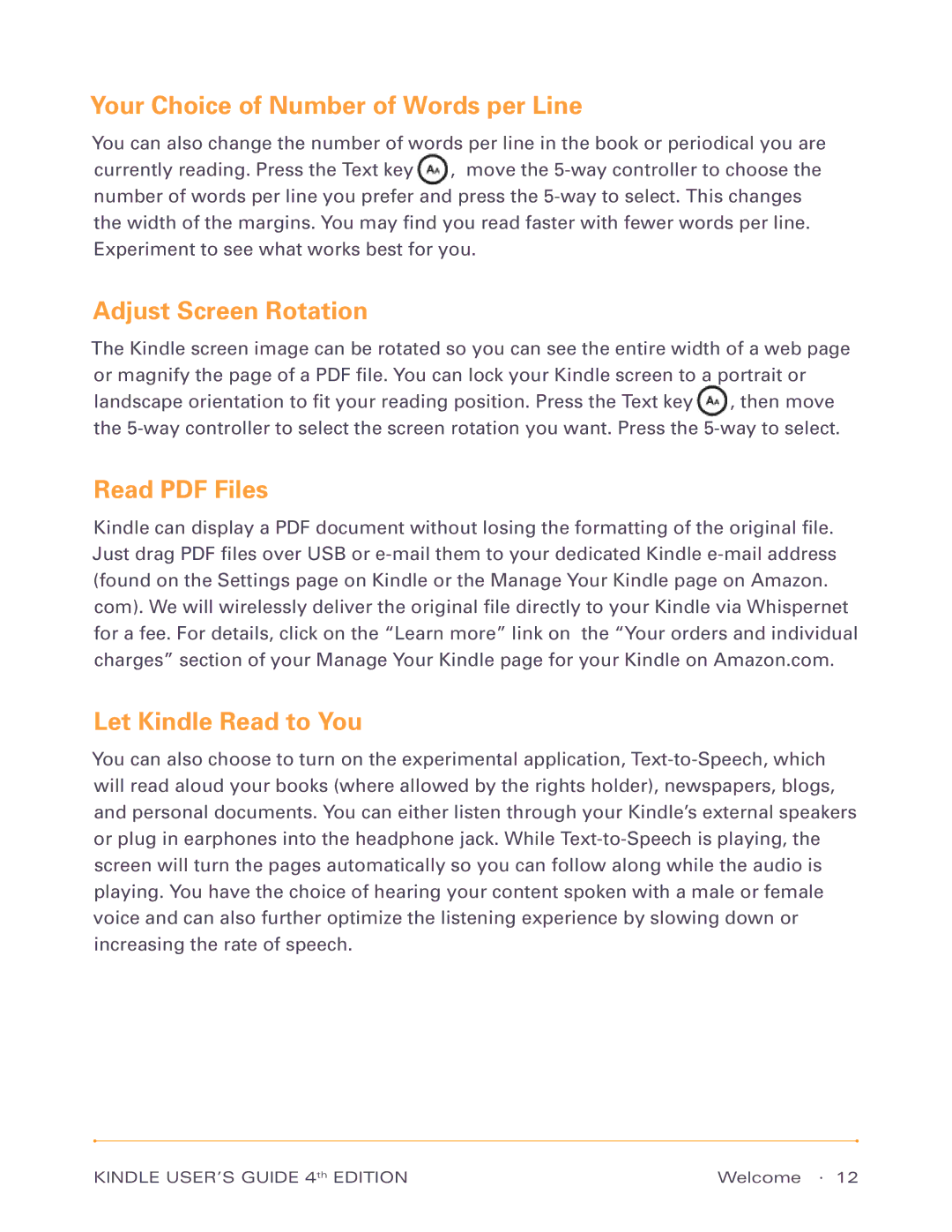 Amazon D00511, D00701 manual Your Choice of Number of Words per Line, Adjust Screen Rotation Let Kindle Read to You 