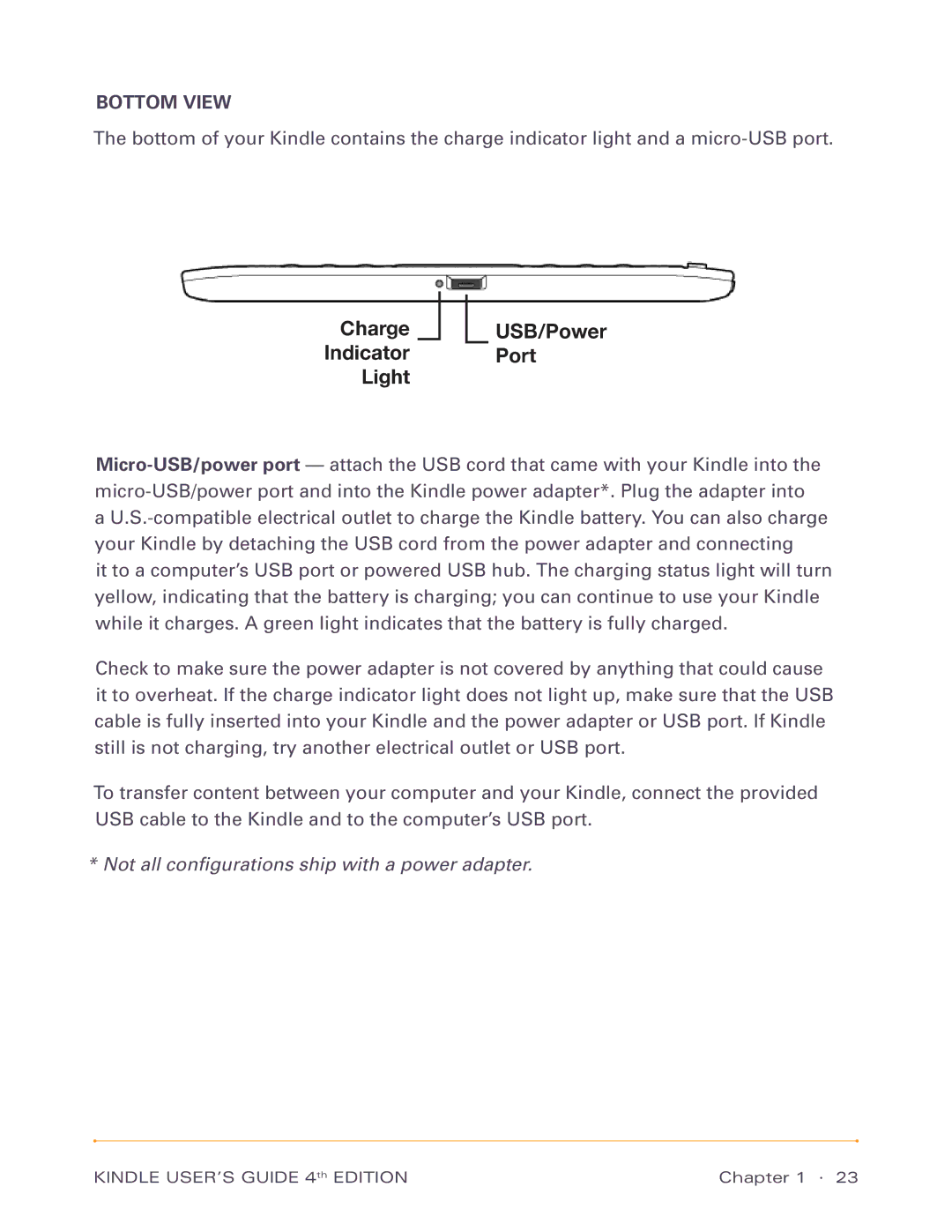 Amazon D00701, D00511 manual Charge Indicator Light USB/Power Port, Bottom View 