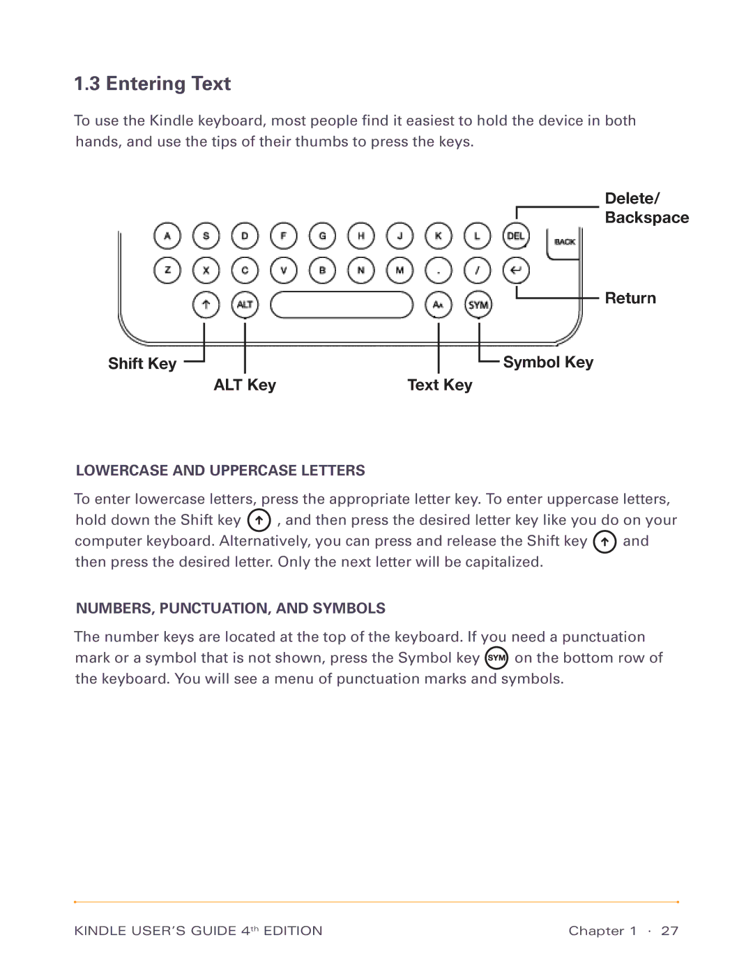 Amazon D00701, D00511 manual Entering Text, Lowercase and Uppercase Letters, NUMBERS, PUNCTUATION, and Symbols 