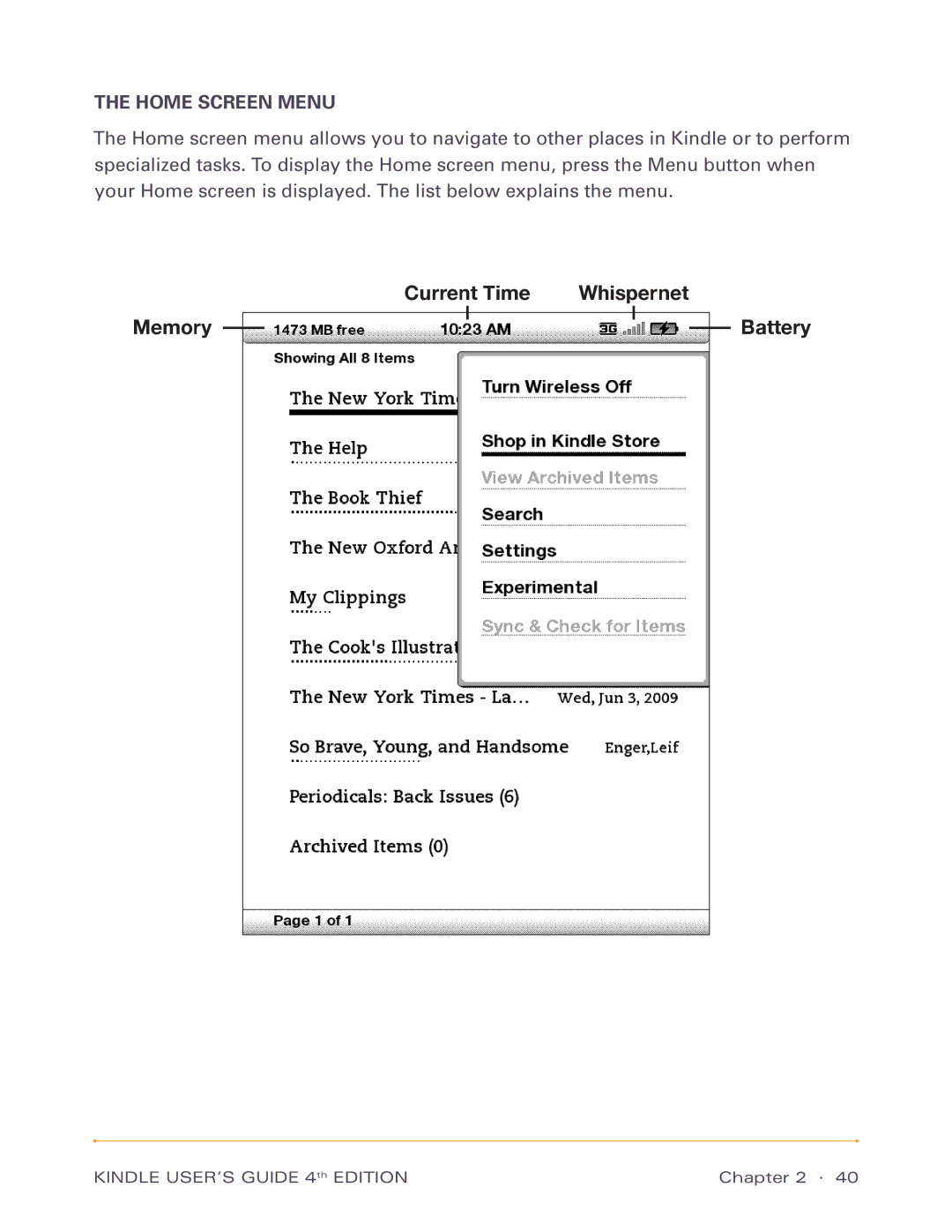 Amazon D00511, D00701 manual Memory Current Time Whispernet Battery, Home Screen Menu 