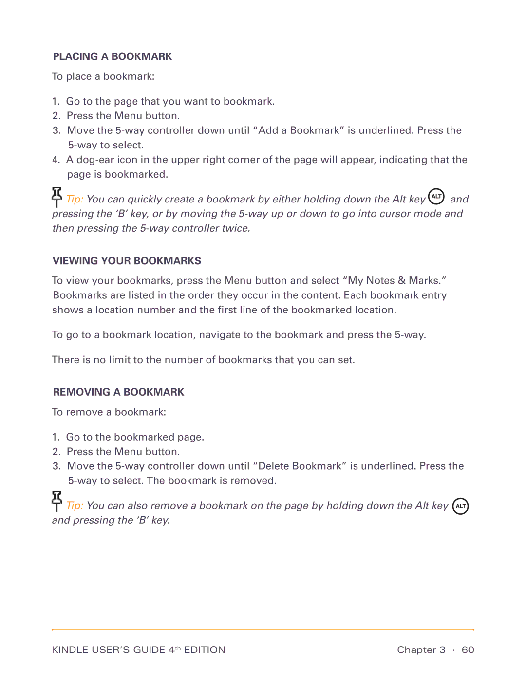 Amazon D00511, D00701 manual Placing a Bookmark, Viewing Your Bookmarks, Removing a Bookmark 