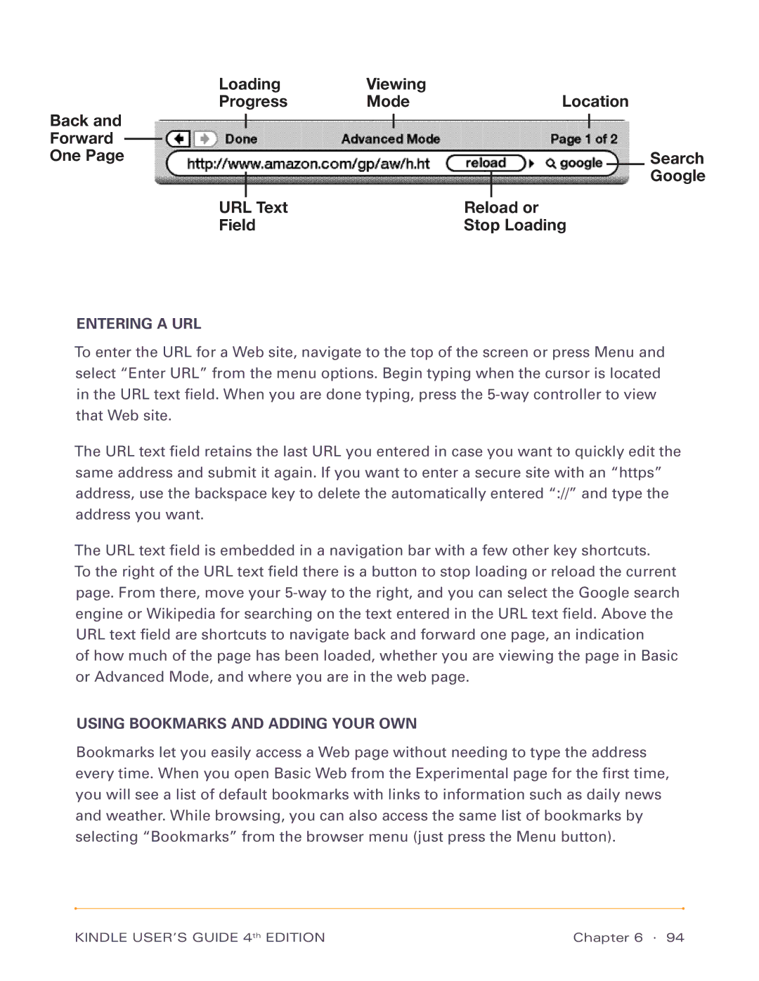 Amazon D00511, D00701 manual Entering a URL, Using Bookmarks and Adding Your OWN 