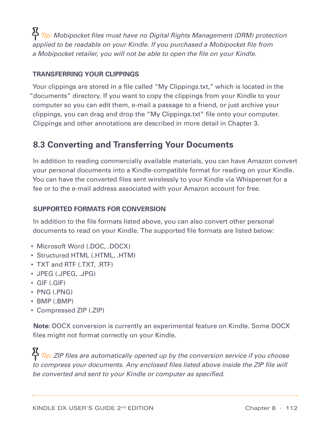 Amazon D00801 Converting and Transferring Your Documents, Transferring Your Clippings, Supported Formats for Conversion 