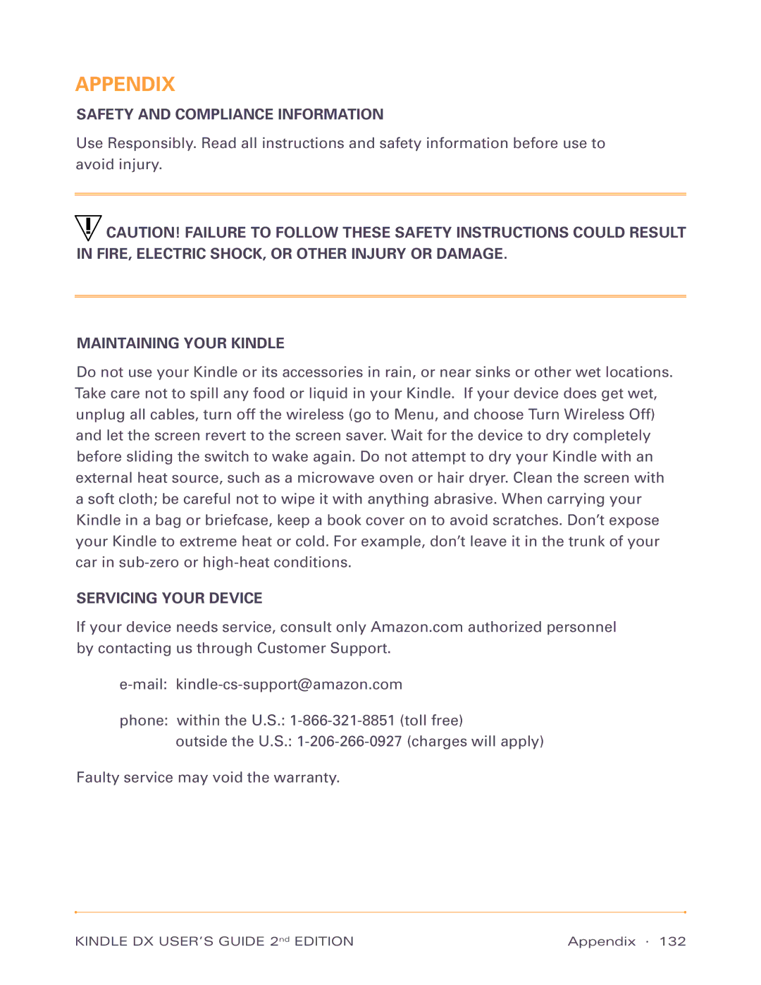 Amazon D00801, D00611 manual Safety and Compliance Information, Maintaining Your Kindle, Servicing Your Device 