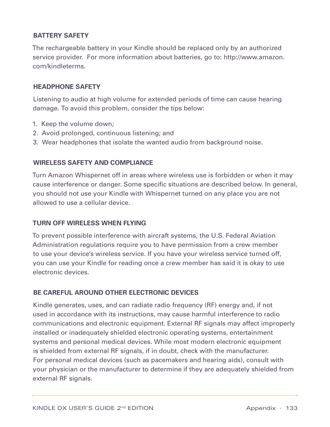 Amazon D00611, D00801 manual Battery Safety Headphone Safety, Wireless Safety and Compliance, Turn OFF Wireless When Flying 