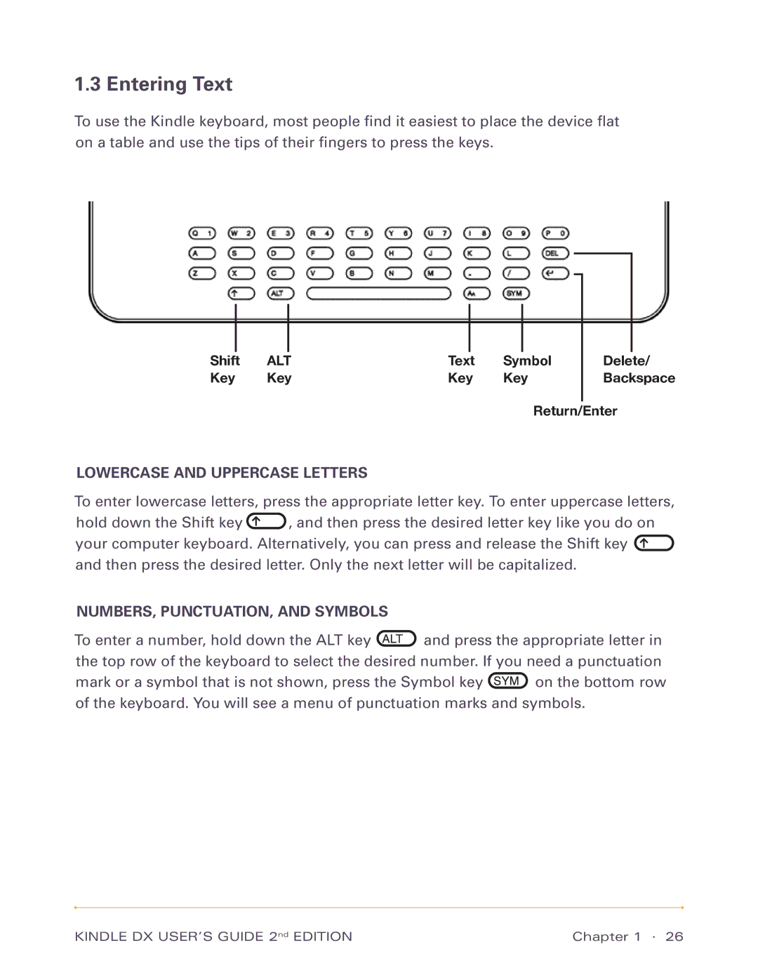 Amazon D00801, D00611 manual Entering Text, Lowercase and Uppercase Letters, NUMBERS, PUNCTUATION, and Symbols 