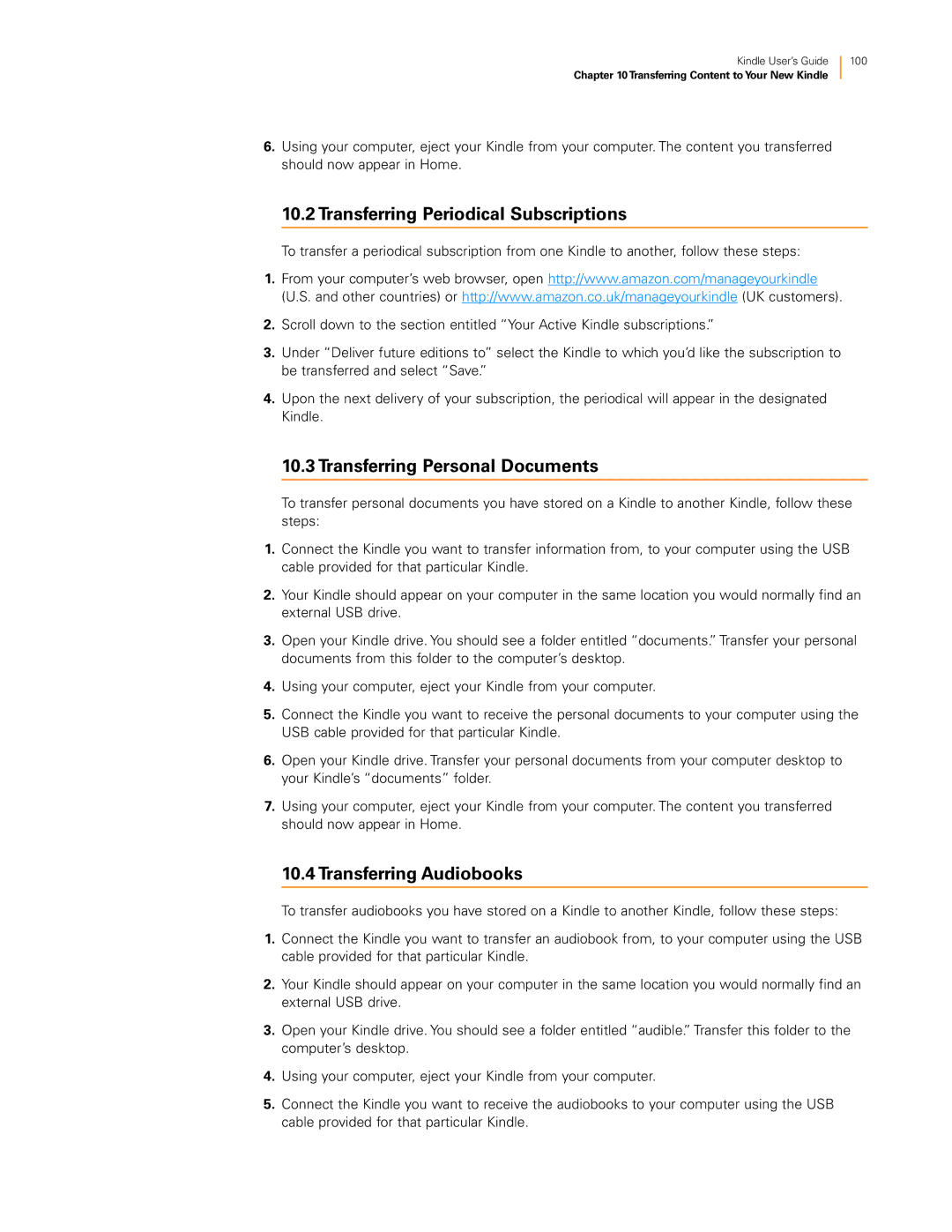 Amazon KNDKYBRD3G manual Transferring Periodical Subscriptions, Transferring Personal Documents, Transferring Audiobooks 