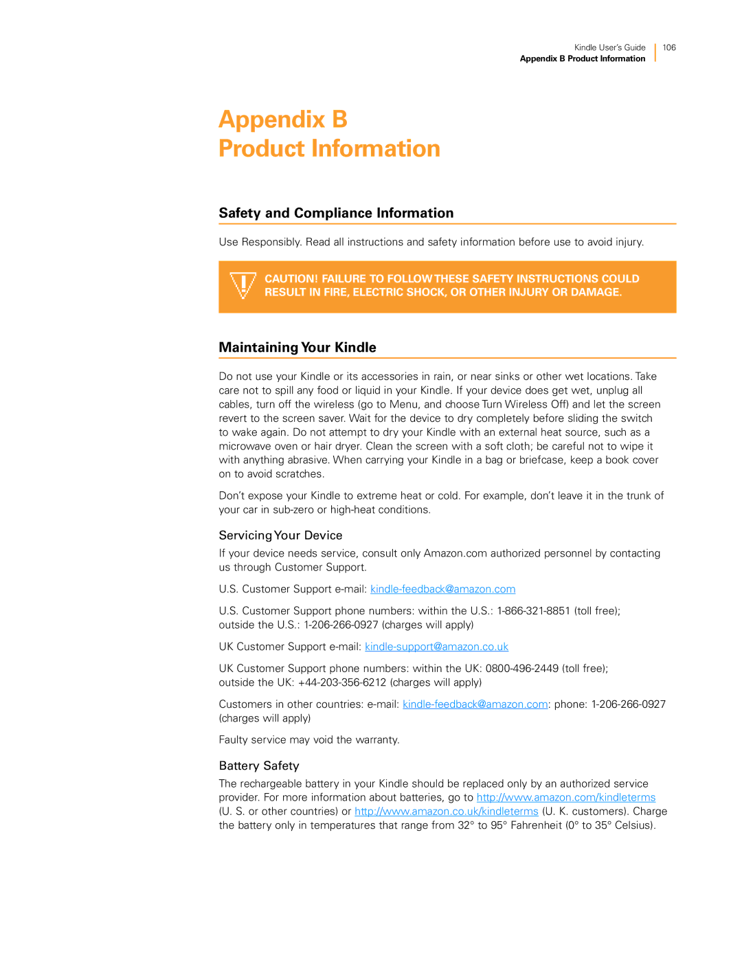 Amazon KNDKYBRD3G manual Appendix B Product Information, Safety and Compliance Information, Maintaining Your Kindle 