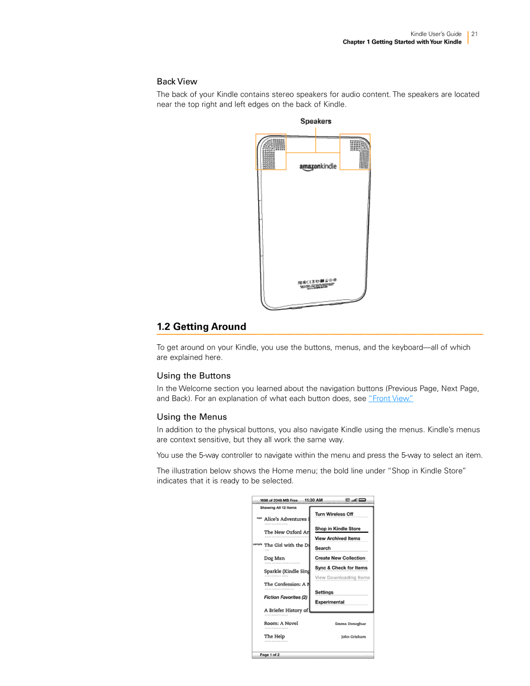 Amazon KNDKYBRD3G manual Back View, Using the Buttons, Using the Menus 