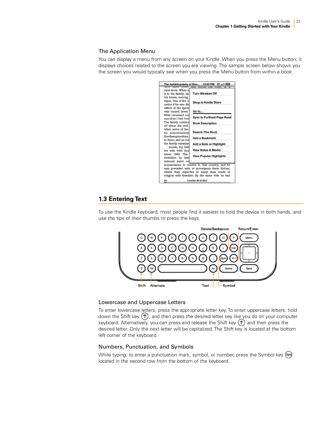 Amazon KNDKYBRD3G Entering Text, Application Menu, Lowercase and Uppercase Letters, Numbers, Punctuation, and Symbols 