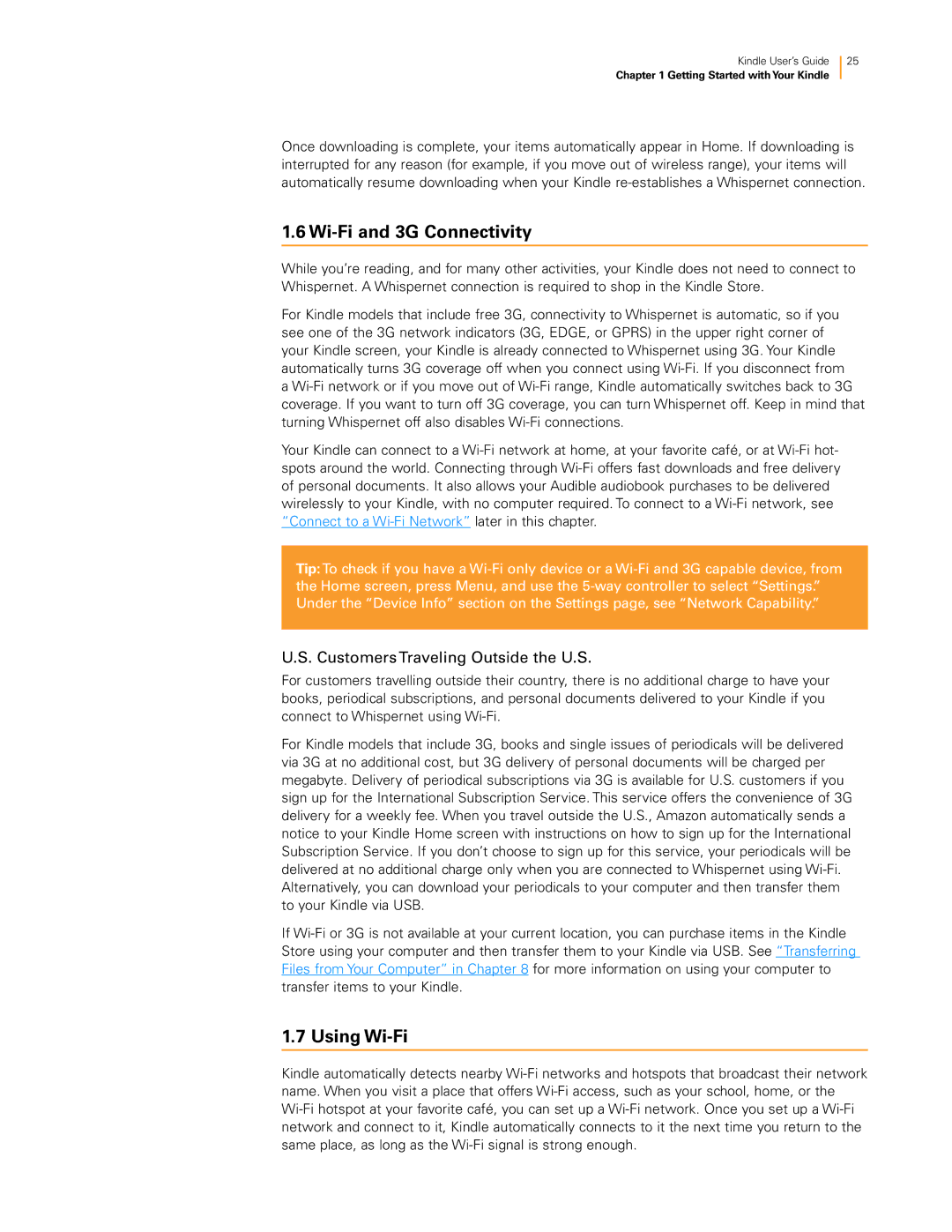 Amazon KNDKYBRD3G manual Wi-Fi and 3G Connectivity, Using Wi-Fi, Customers Traveling Outside the U.S 