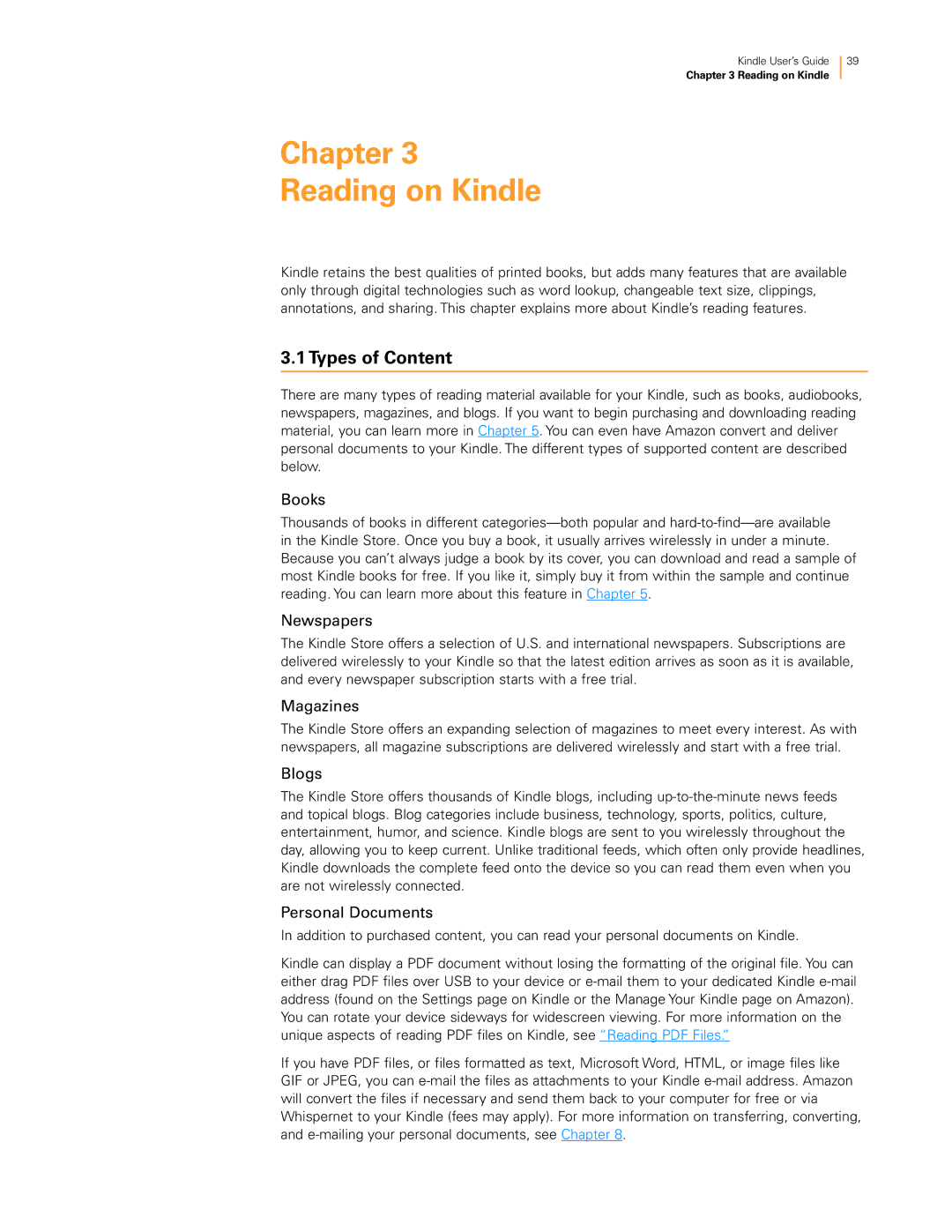 Amazon KNDKYBRD3G manual Chapter Reading on Kindle, Types of Content 