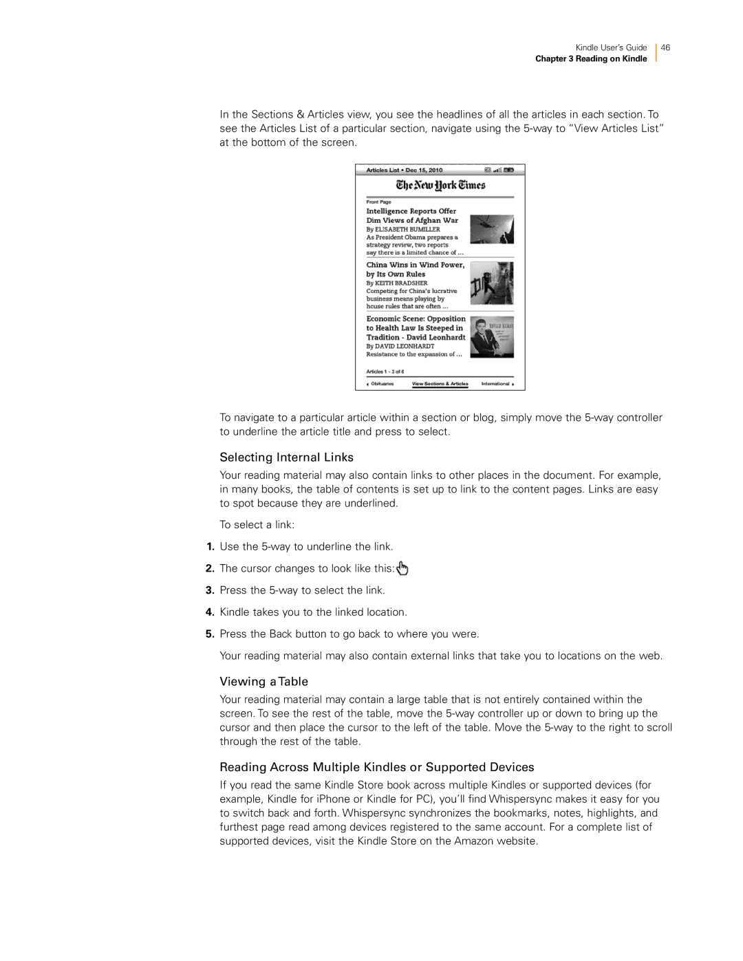 Amazon KNDKYBRD3G manual Selecting Internal Links, Viewing a Table, Reading Across Multiple Kindles or Supported Devices 