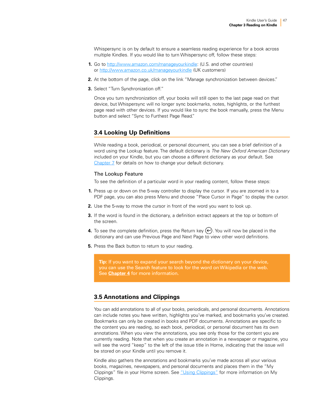 Amazon KNDKYBRD3G manual Looking Up Definitions, Annotations and Clippings, Lookup Feature 