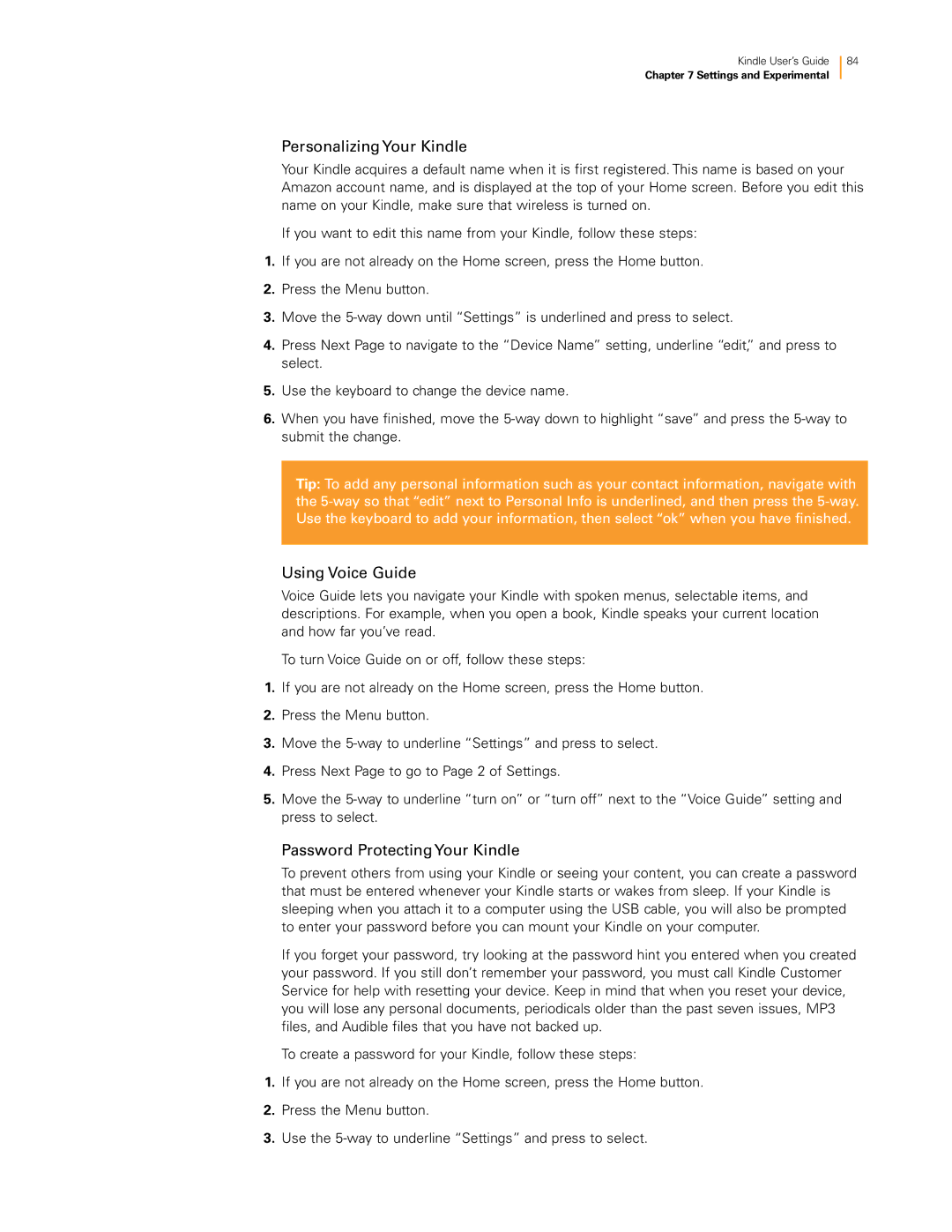 Amazon KNDKYBRD3G manual Personalizing Your Kindle, Using Voice Guide, Password Protecting Your Kindle 