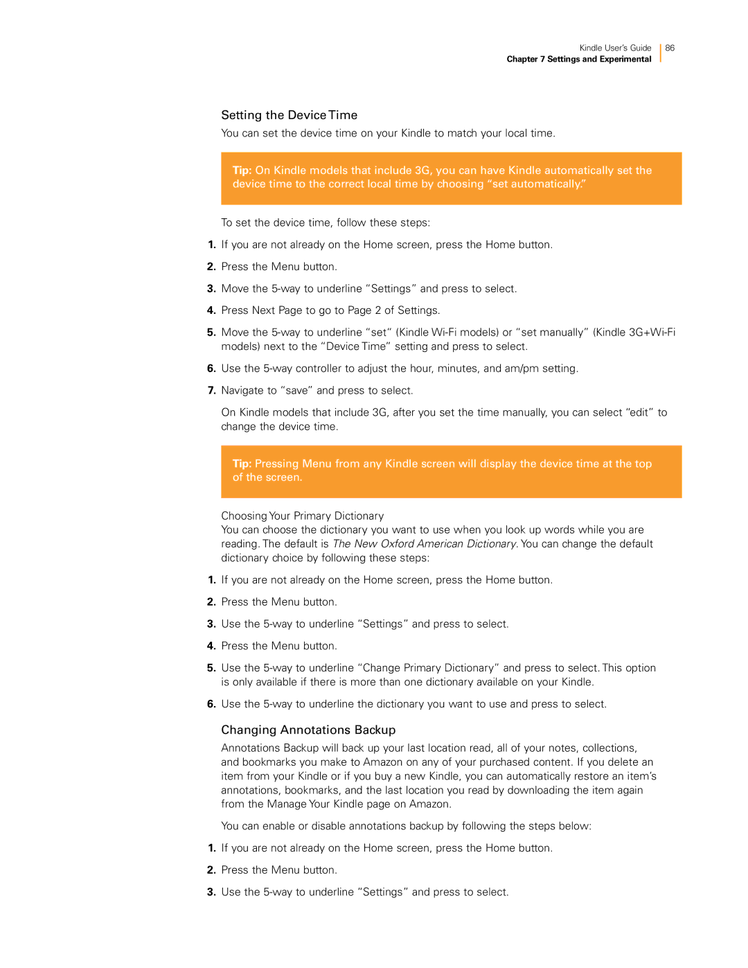 Amazon KNDKYBRD3G manual Setting the Device Time, Changing Annotations Backup 
