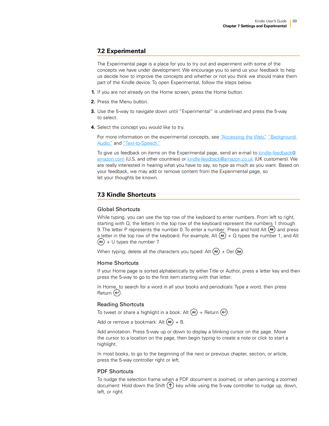 Amazon KNDKYBRD3G manual Experimental, Kindle Shortcuts, Global Shortcuts, Home Shortcuts, Reading Shortcuts 