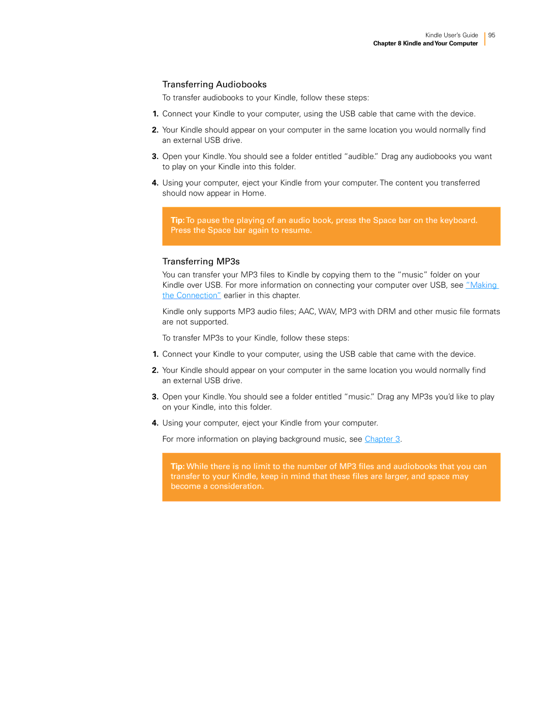 Amazon KNDKYBRD3G manual Transferring Audiobooks, Transferring MP3s 