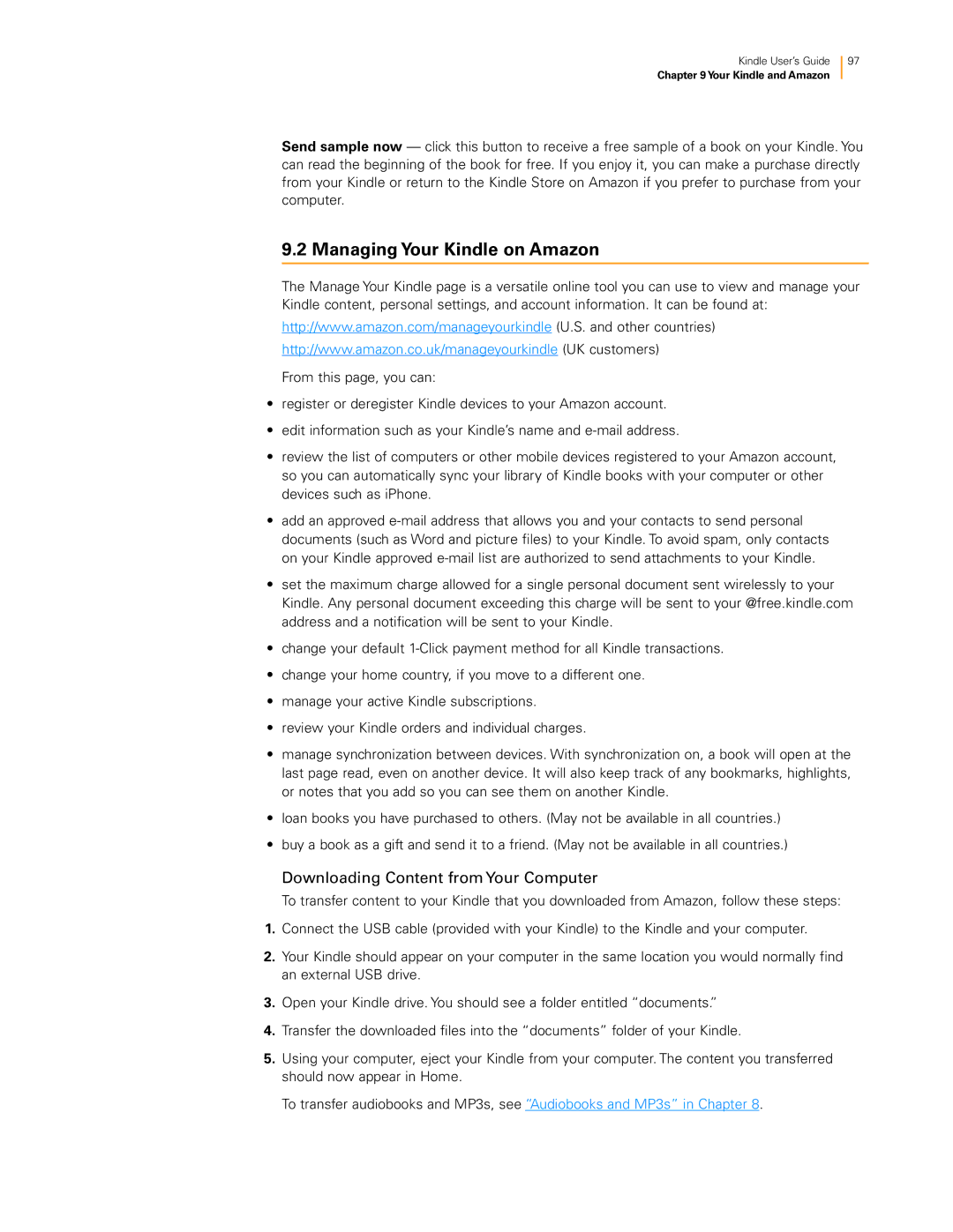 Amazon KNDKYBRD3G manual Managing Your Kindle on Amazon, Downloading Content from Your Computer 