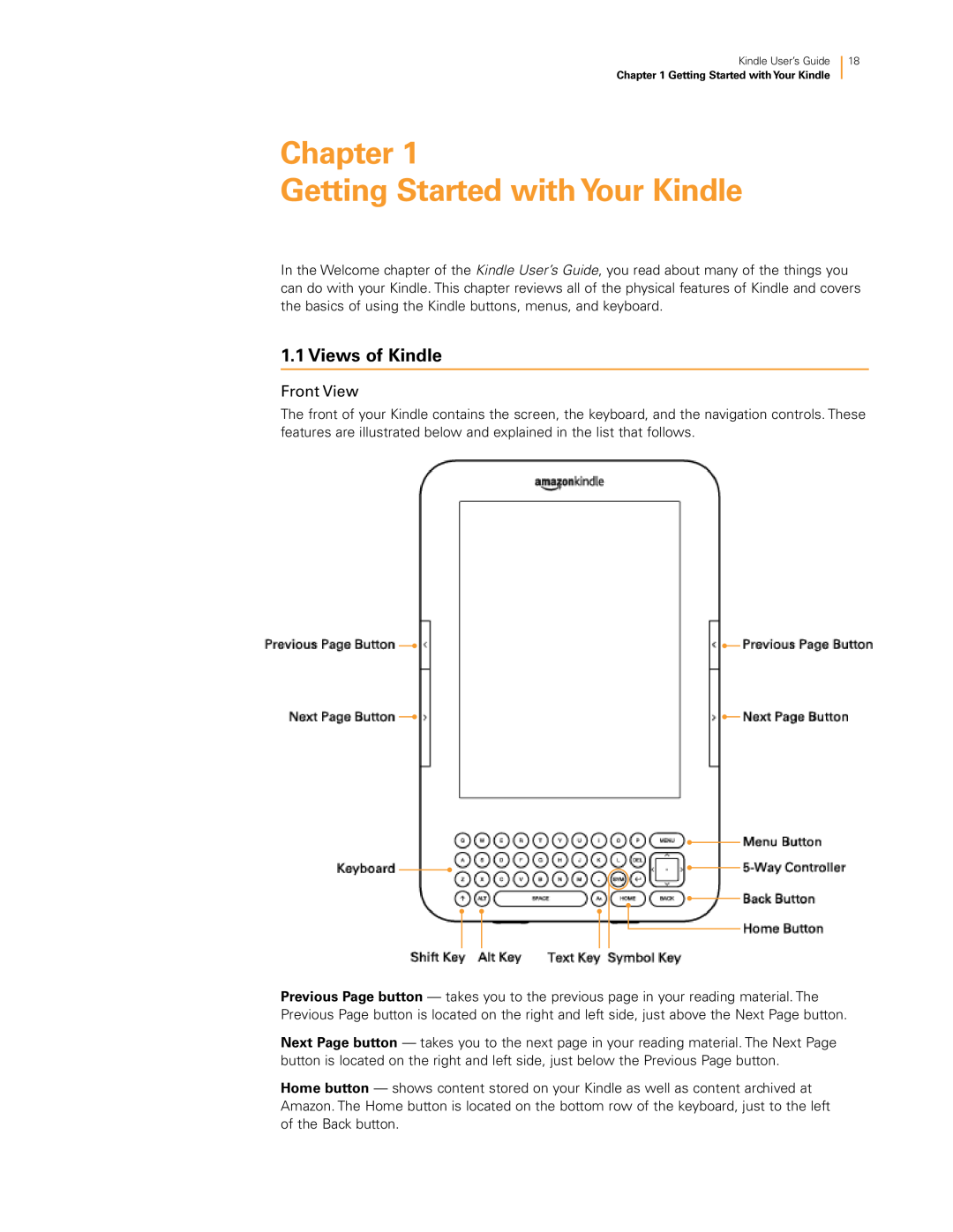 Amazon KNDKYBRD3G manual Chapter Getting Started with Your Kindle, Views of Kindle, Front View 