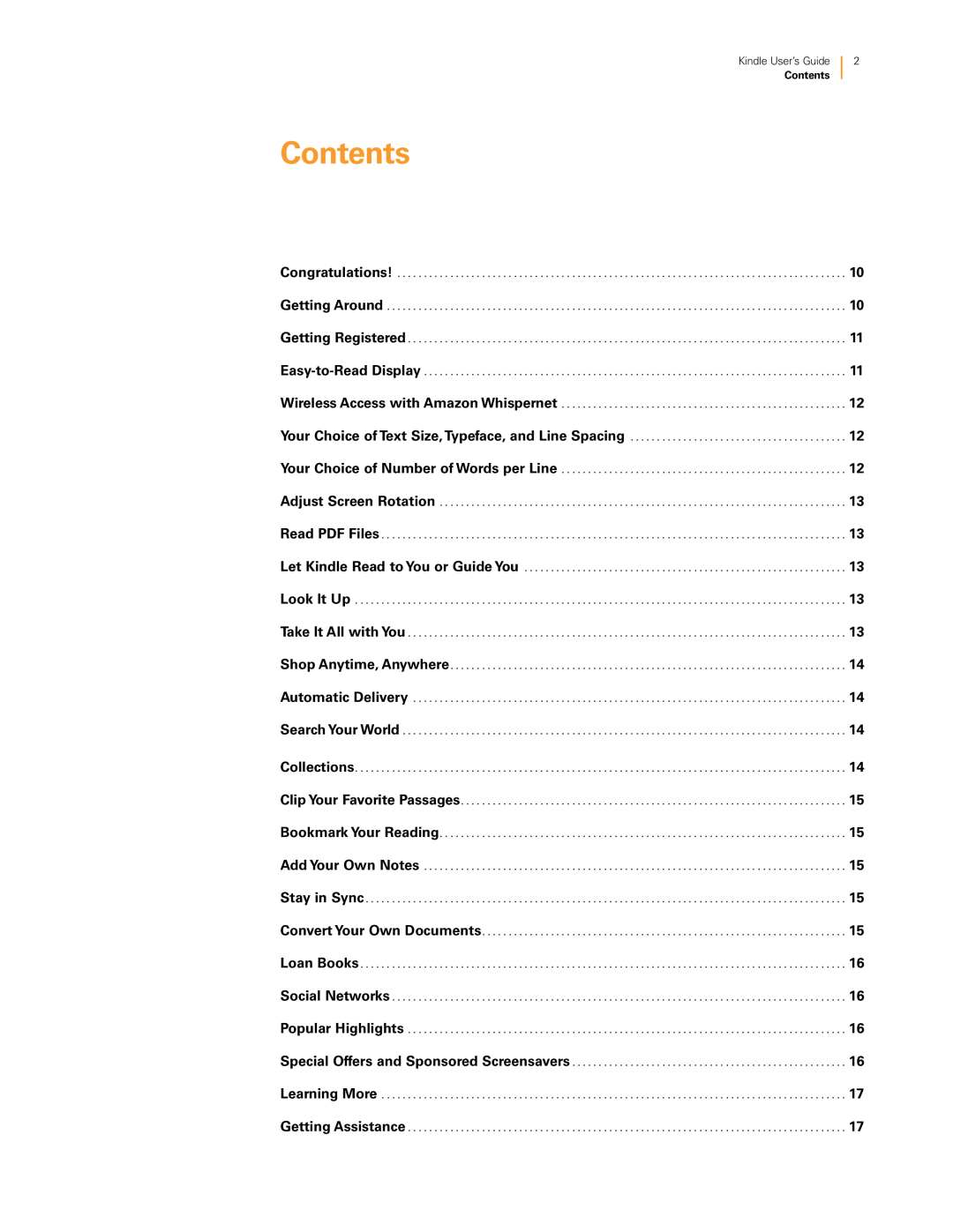 Amazon KNDKYBRD3G Contents, Congratulations, Getting Around, Getting Registered, Easy-to-Read Display, Read PDF Files 
