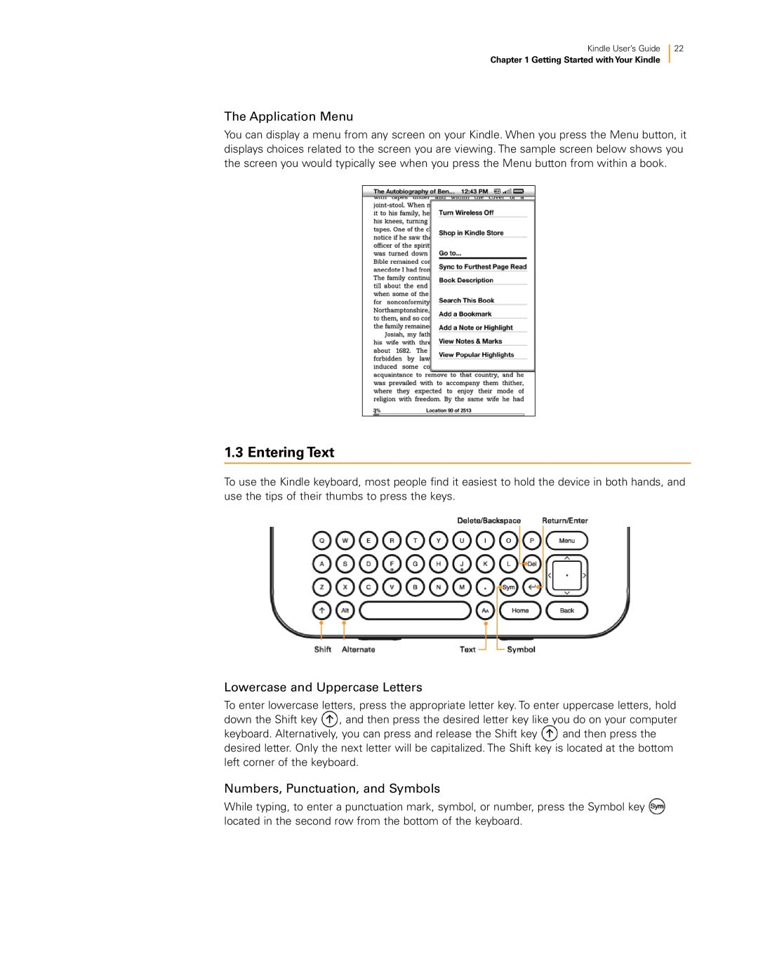 Amazon KNDKYBRD3G Entering Text, The Application Menu, Lowercase and Uppercase Letters, Numbers, Punctuation, and Symbols 