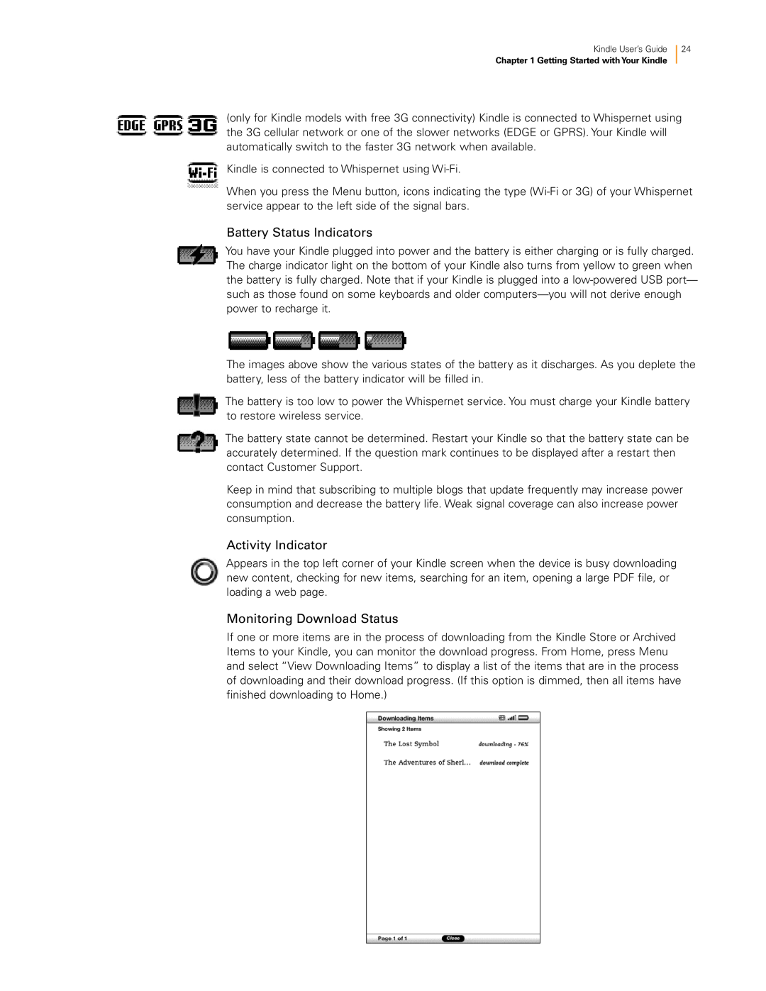 Amazon KNDKYBRD3G manual Battery Status Indicators, Activity Indicator, Monitoring Download Status 