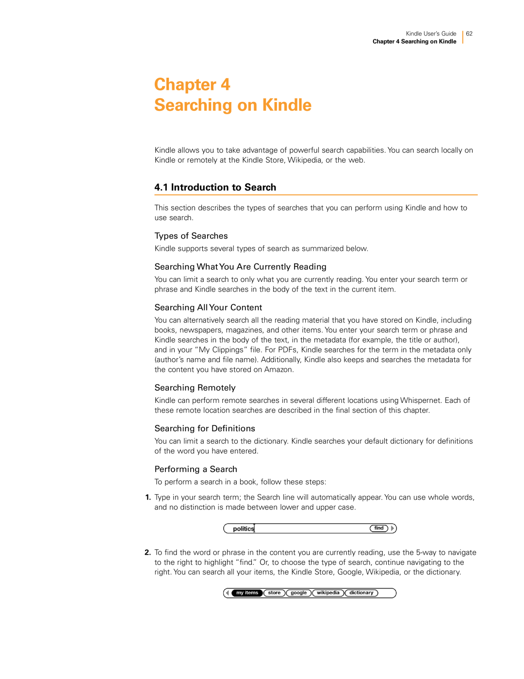 Amazon KNDKYBRD3G manual Chapter Searching on Kindle, Introduction to Search, Types of Searches, Searching All Your Content 