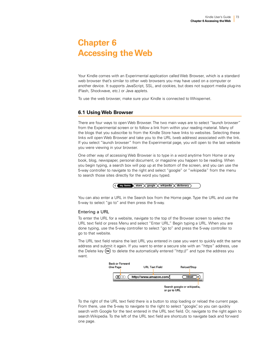 Amazon KNDKYBRD3G manual Chapter Accessing the Web, Using Web Browser, Entering a URL 
