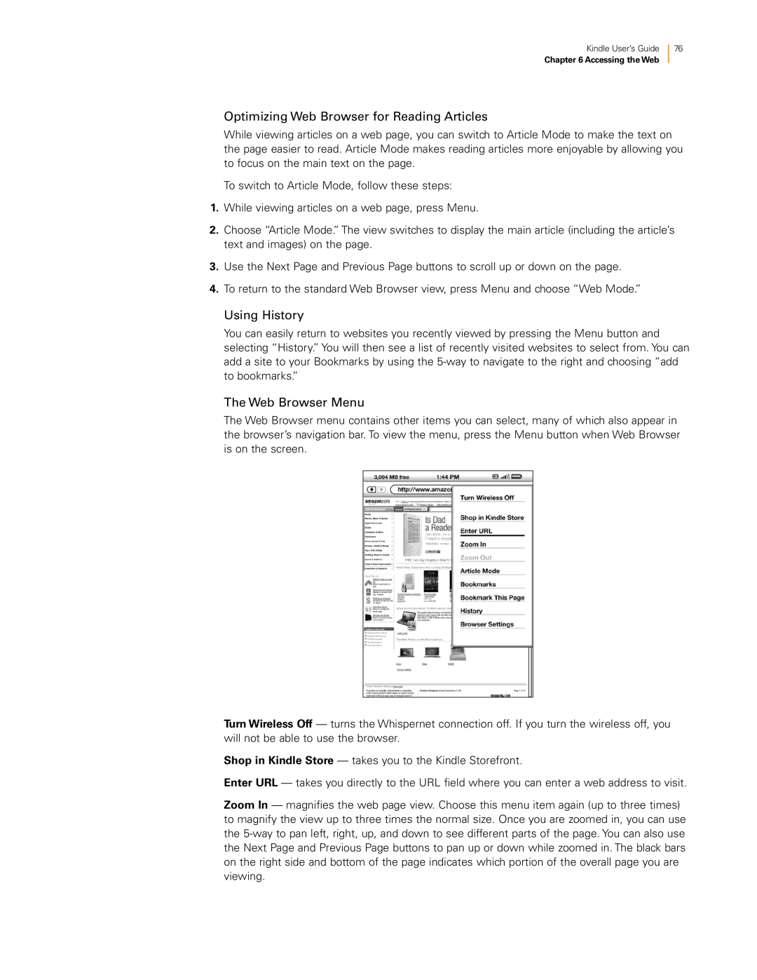 Amazon KNDKYBRD3G manual Optimizing Web Browser for Reading Articles, Using History, The Web Browser Menu 