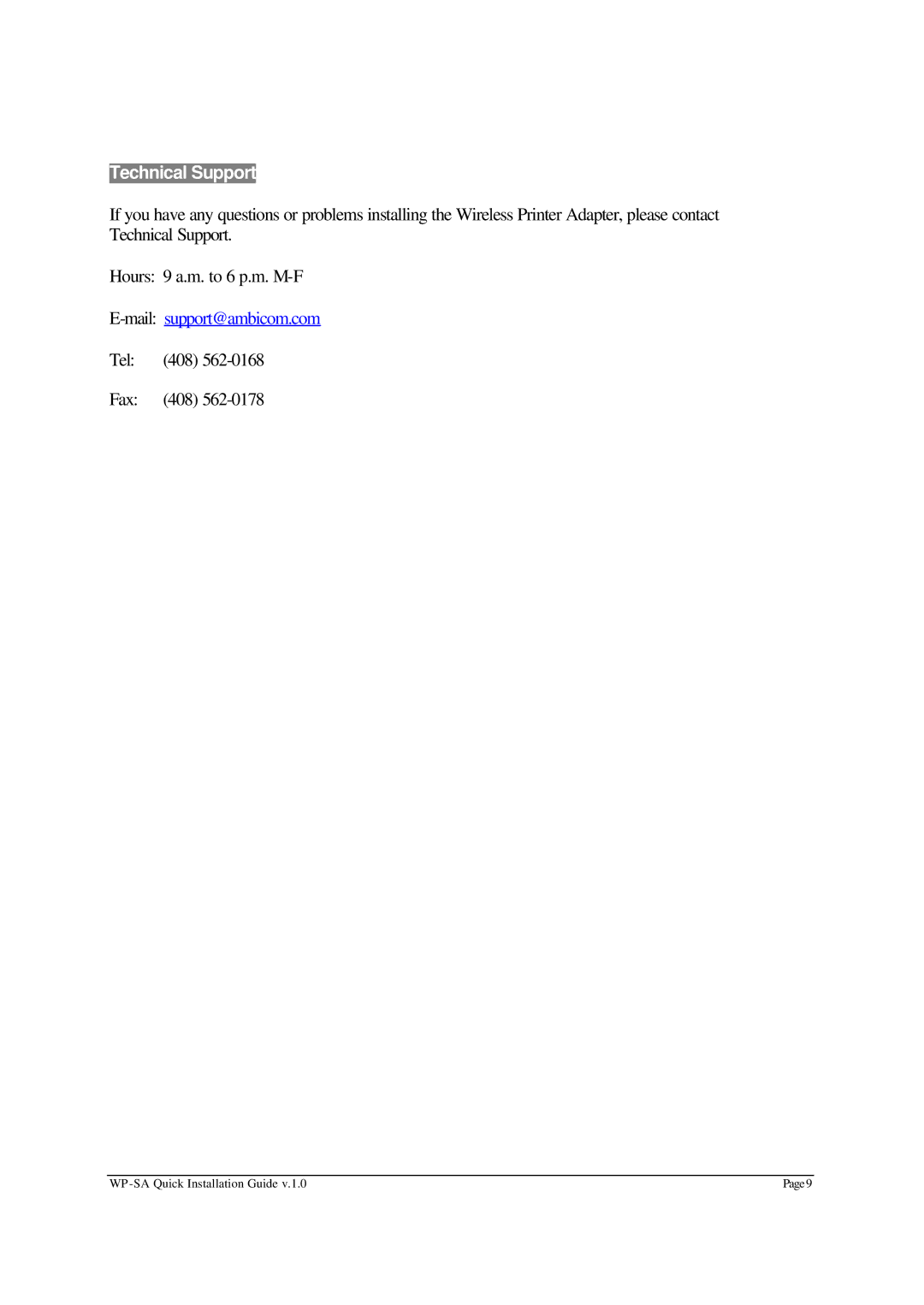 AmbiCom WP-SA manual Technical Support 