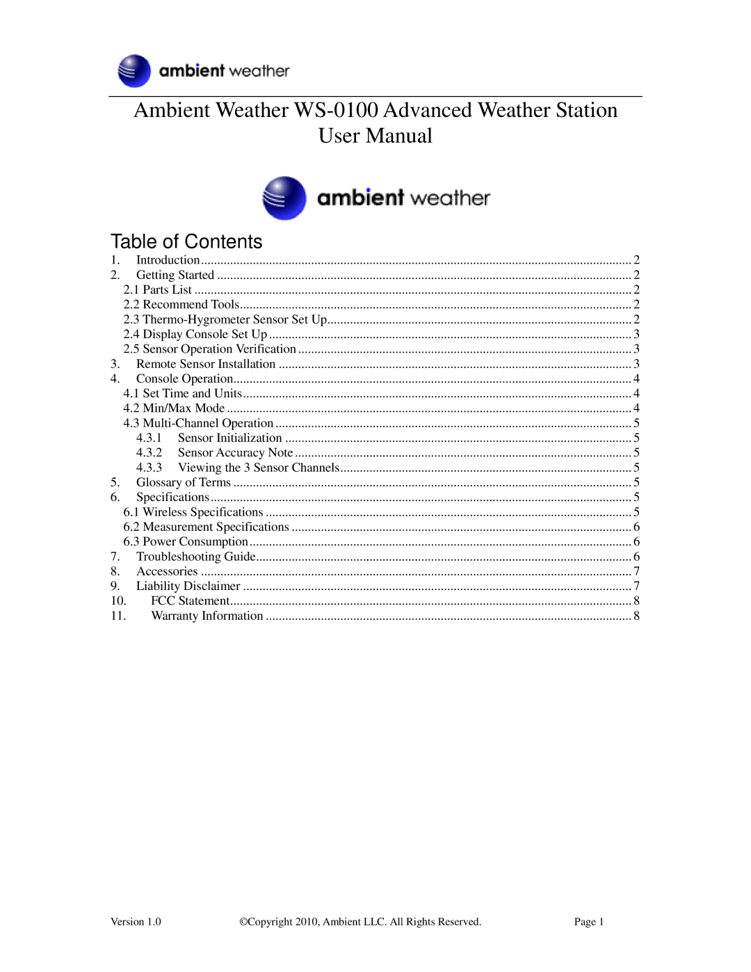 Ambient Devices manual Ambient Weather WS-0100 Advanced Weather Station 