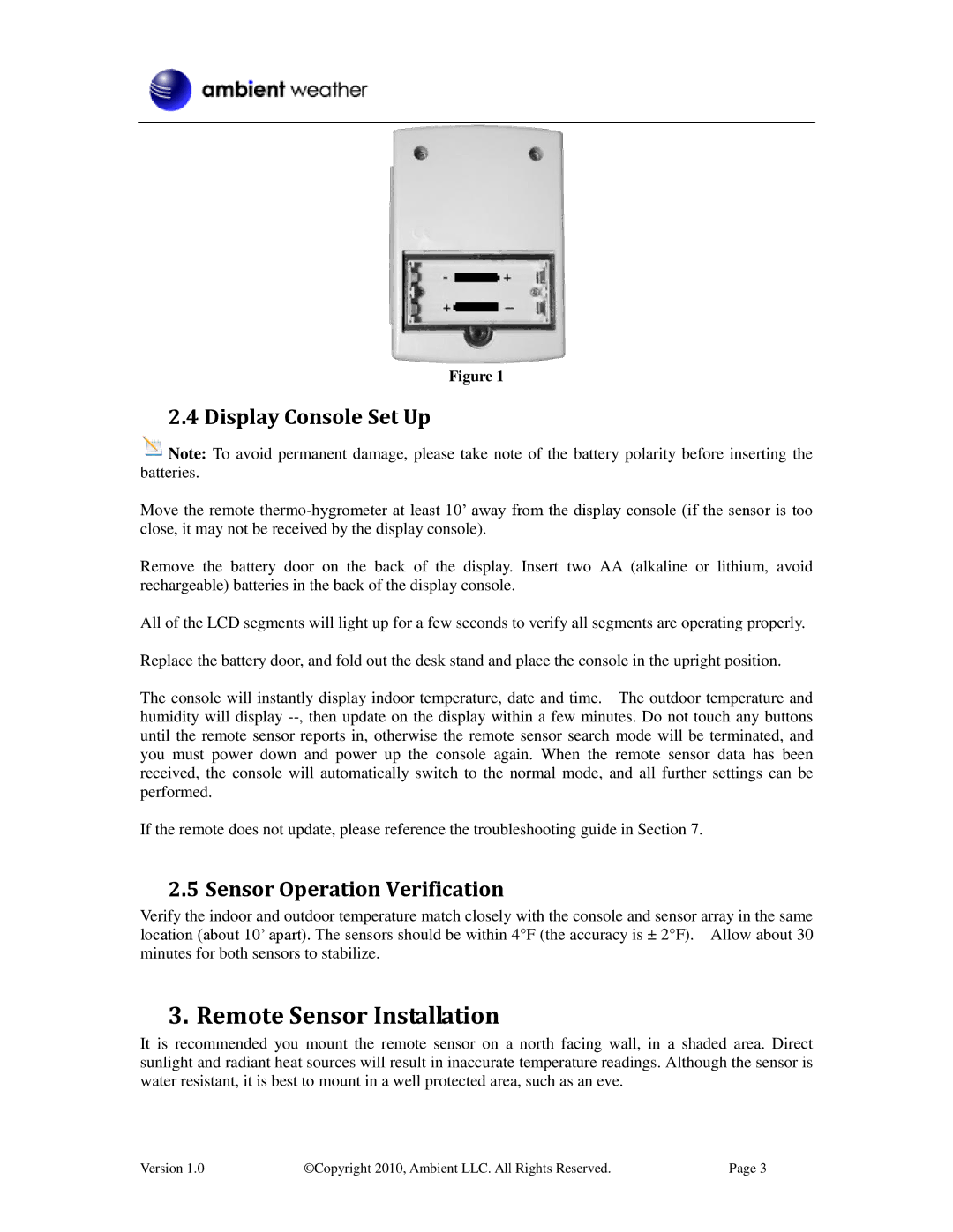 Ambient Devices WS-0100 manual Remote Sensor Installation, Display Console Set Up, Sensor Operation Verification 