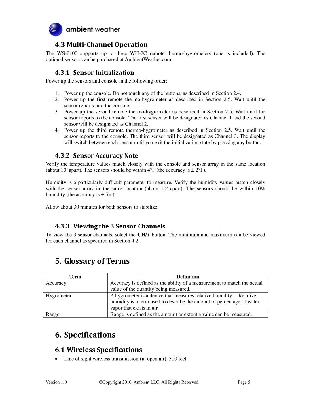 Ambient Devices WS-0100 manual Glossary of Terms, Multi-Channel Operation, Wireless Specifications, Term Definition 