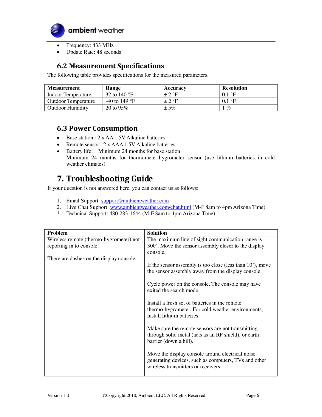 Ambient Devices WS-0100 manual Troubleshooting Guide, Measurement Specifications, Power Consumption, Problem Solution 