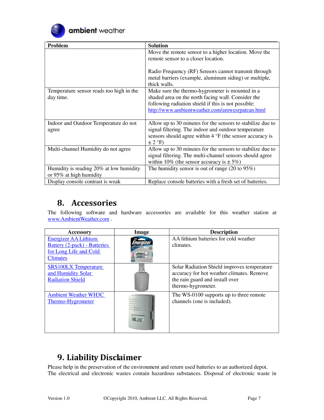 Ambient Devices WS-0100 manual Accessories, Liability Disclaimer 