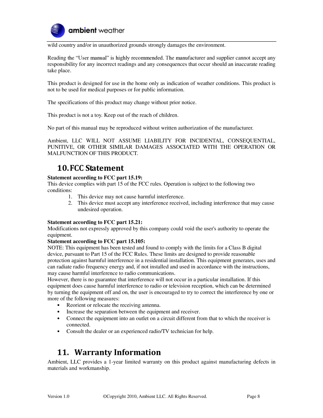 Ambient Devices WS-0100 manual FCC Statement, Warranty Information, Statement according to FCC part 