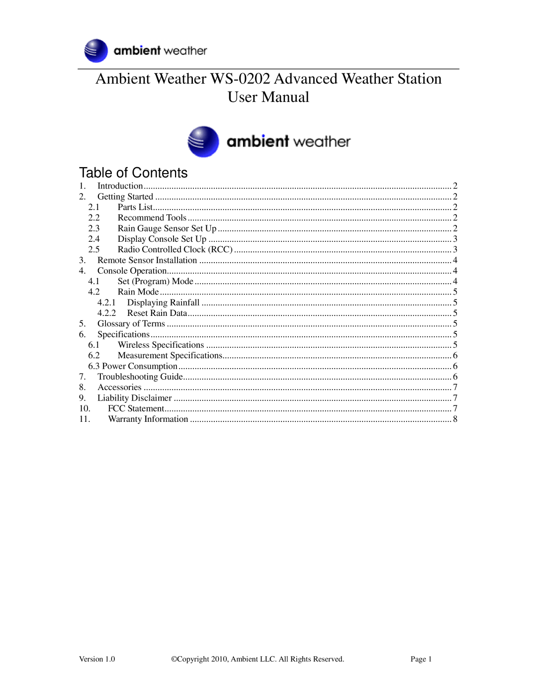 Ambient Devices manual Ambient Weather WS-0202 Advanced Weather Station 