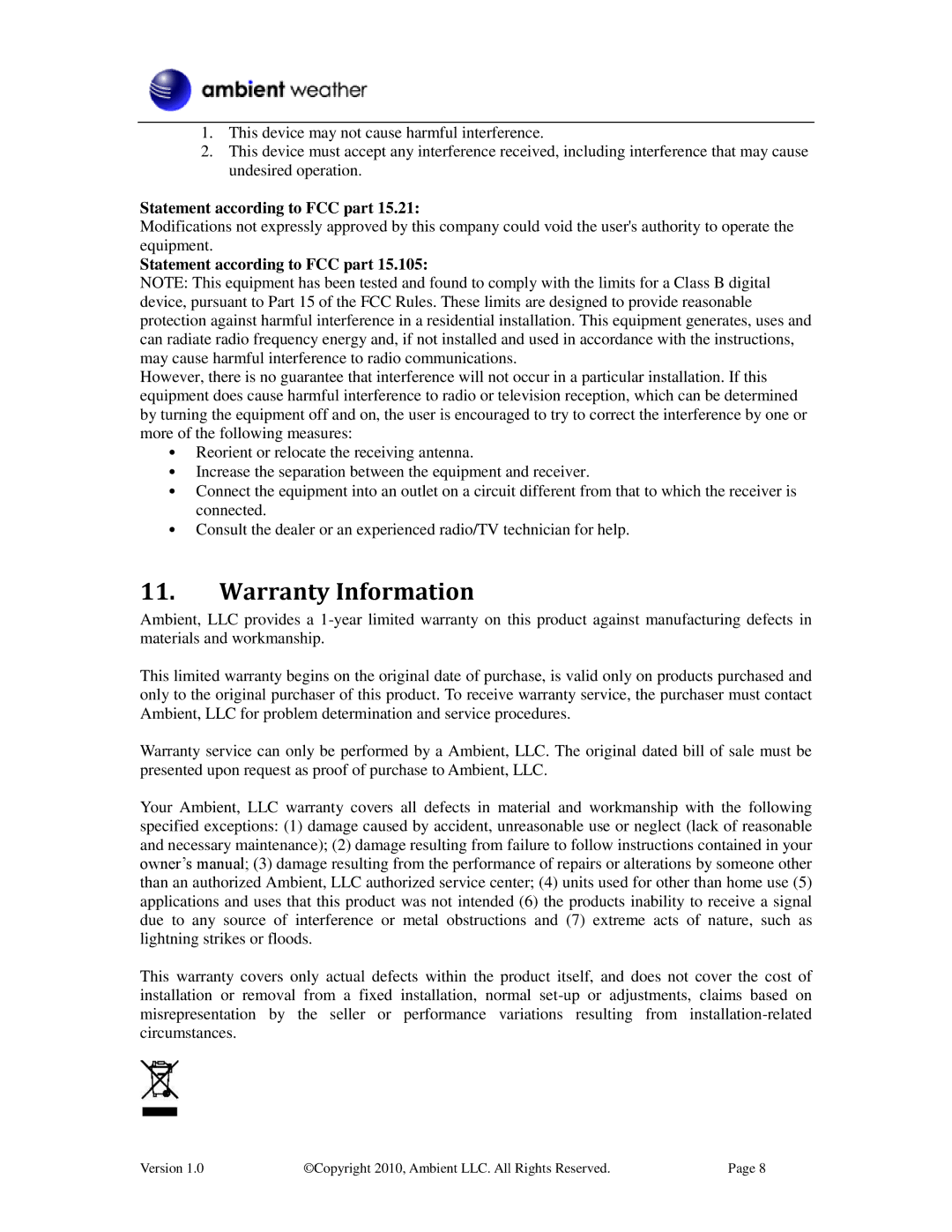 Ambient Devices WS-0202 manual Warranty Information 