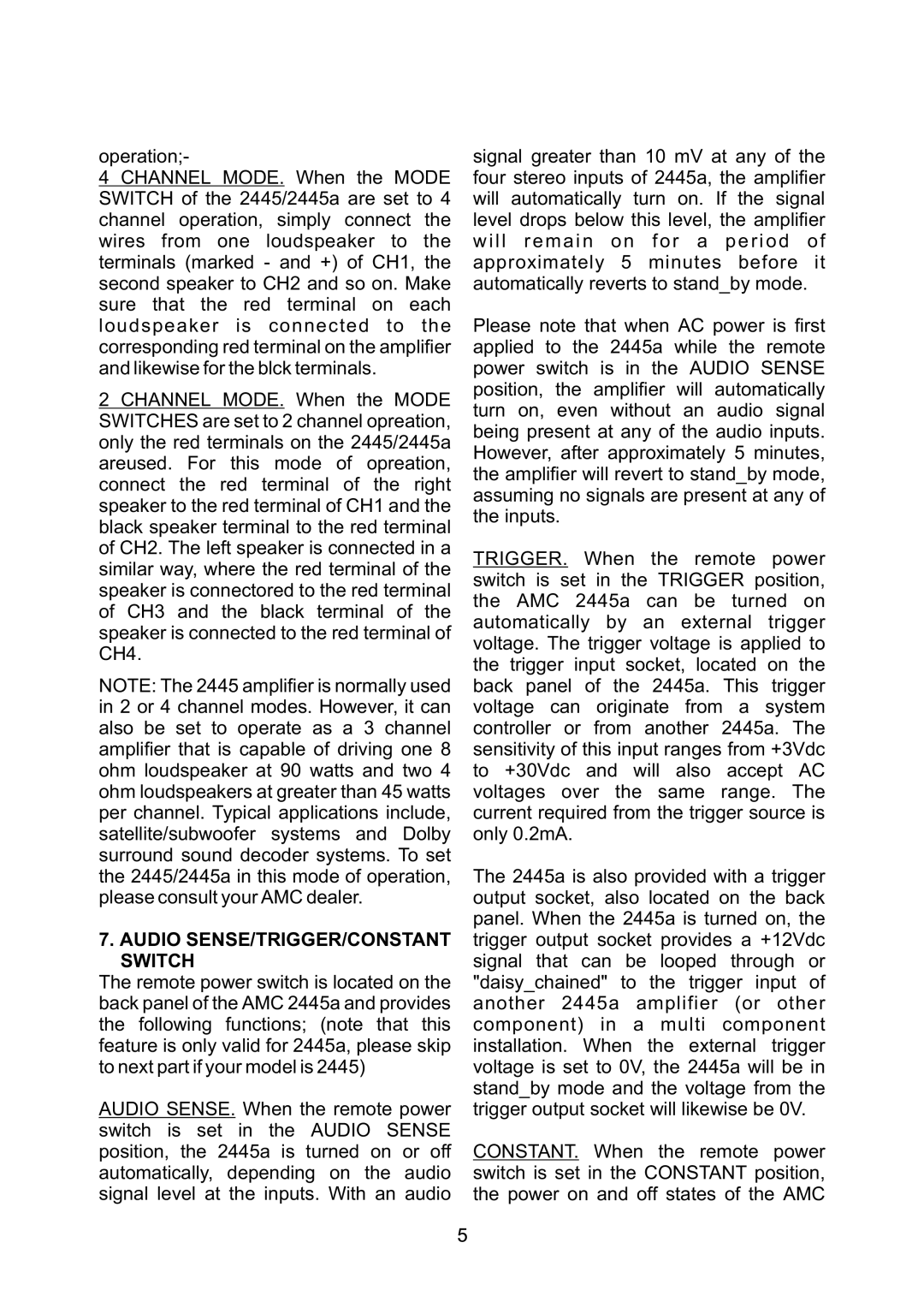 AMC 2445 manual Audio SENSE/TRIGGER/CONSTANT Switch 