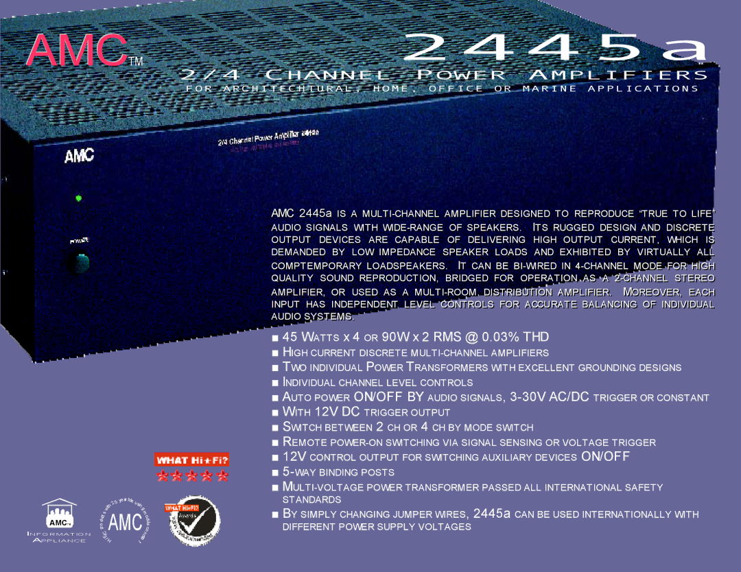 AMC 2445a manual Channel Power Amplifiers, For ARCHITECHTURAL, HOME, Office or Marine Applications 