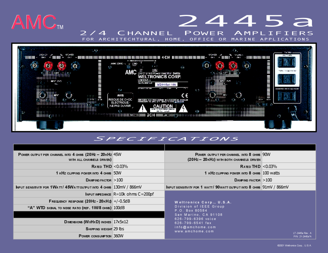 AMC manual AMCTM2445a, Specifications, 2/4 CHANNEL POWER AMPLIFIERS, Channelmode 