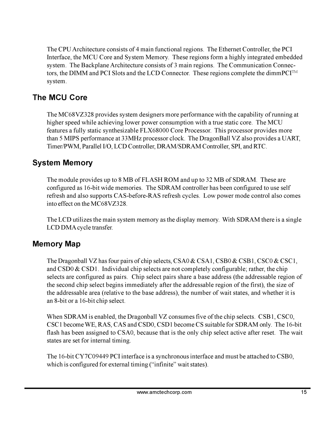 AMC 68VZ328 software manual MCU Core, System Memory, Memory Map 