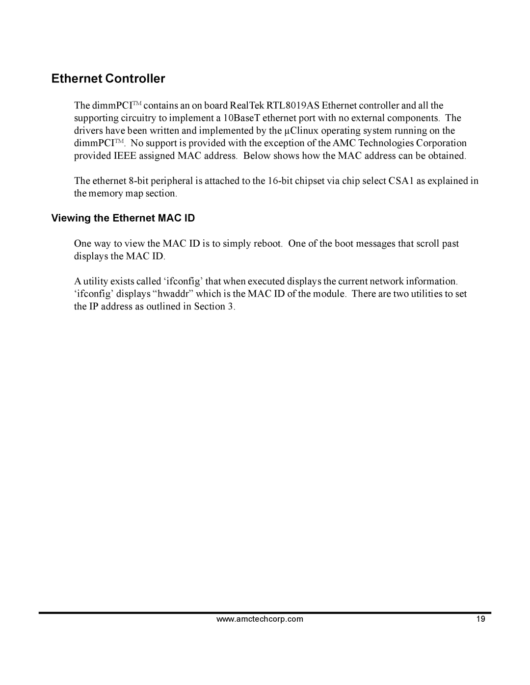 AMC 68VZ328 software manual Ethernet Controller, Viewing the Ethernet MAC ID 