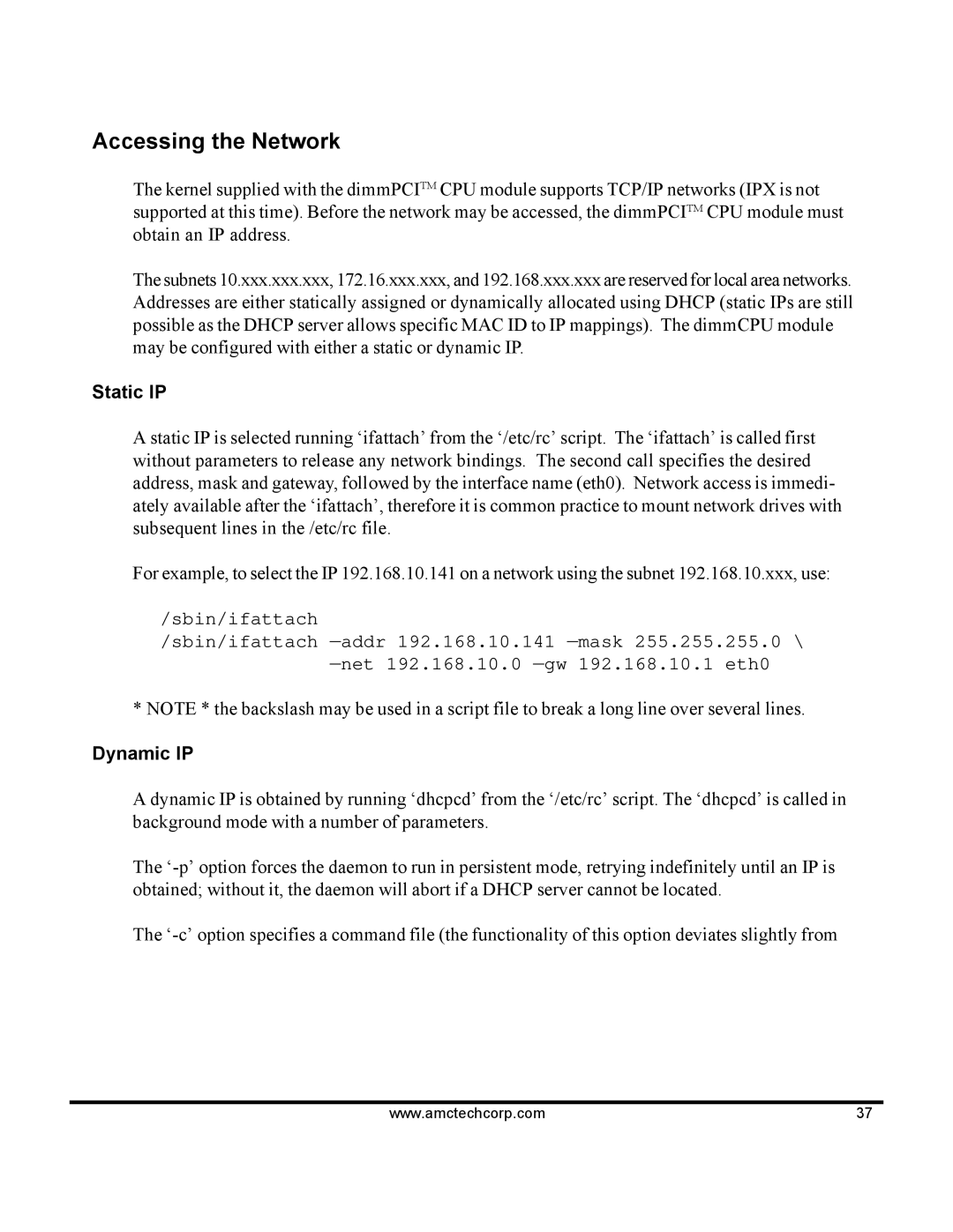 AMC 68VZ328 software manual Accessing the Network, Static IP, Dynamic IP 